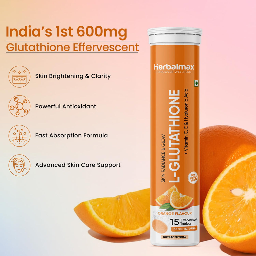 Herbal Max Glutathione Effervescent Tablets â€“ 15N Packed with Vitamin C, Hyaluronic Acid & Biotin to Support Healthy Hair, Skin & Nails for a Natural Glow & Boost Hydration (Pack of 1, Orange)