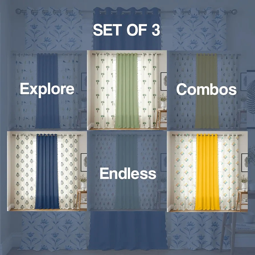 Urban Space Floral Cotton Curtains For Door Combo Set Of 3 Room Darkening Curtains For Home Decor Water Lily Blue & Aura Indigo