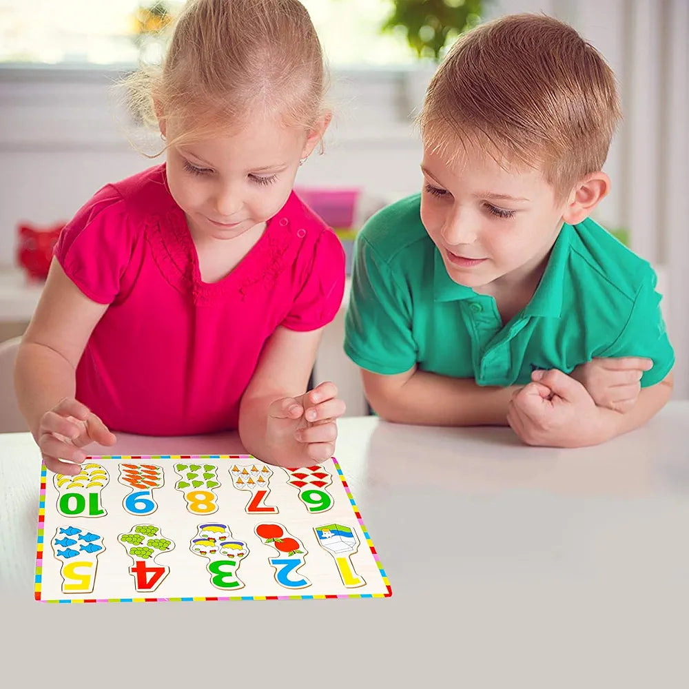 Wishkey Number Board Puzzle Toy with Illustrations, Montessori for Pre-Schooler Kids, Wooden Educational Puzzles