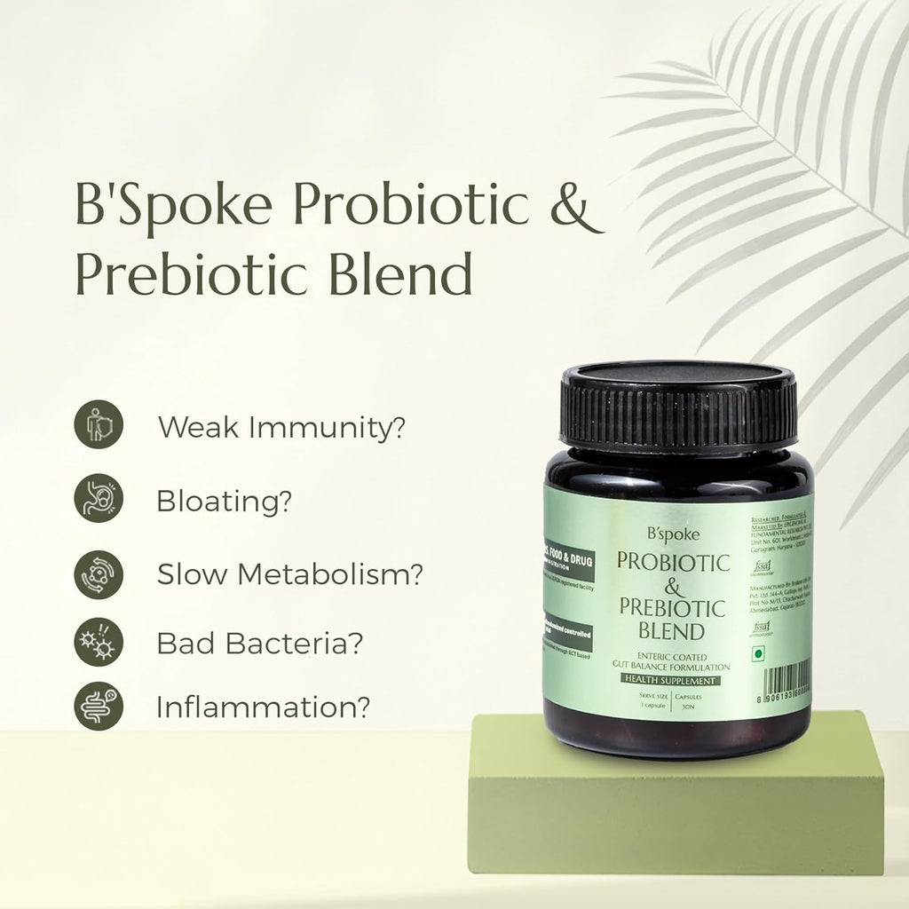 B'spoke Probiotic & Prebiotic Blend â€“ 60 Billion CFU High-Potency Probiotics for Digestive Health, Immunity & Microbiome Balance | Advanced Gut Health with 11 Multi-Strain Blend in Enteric-Coated Veg Capsules