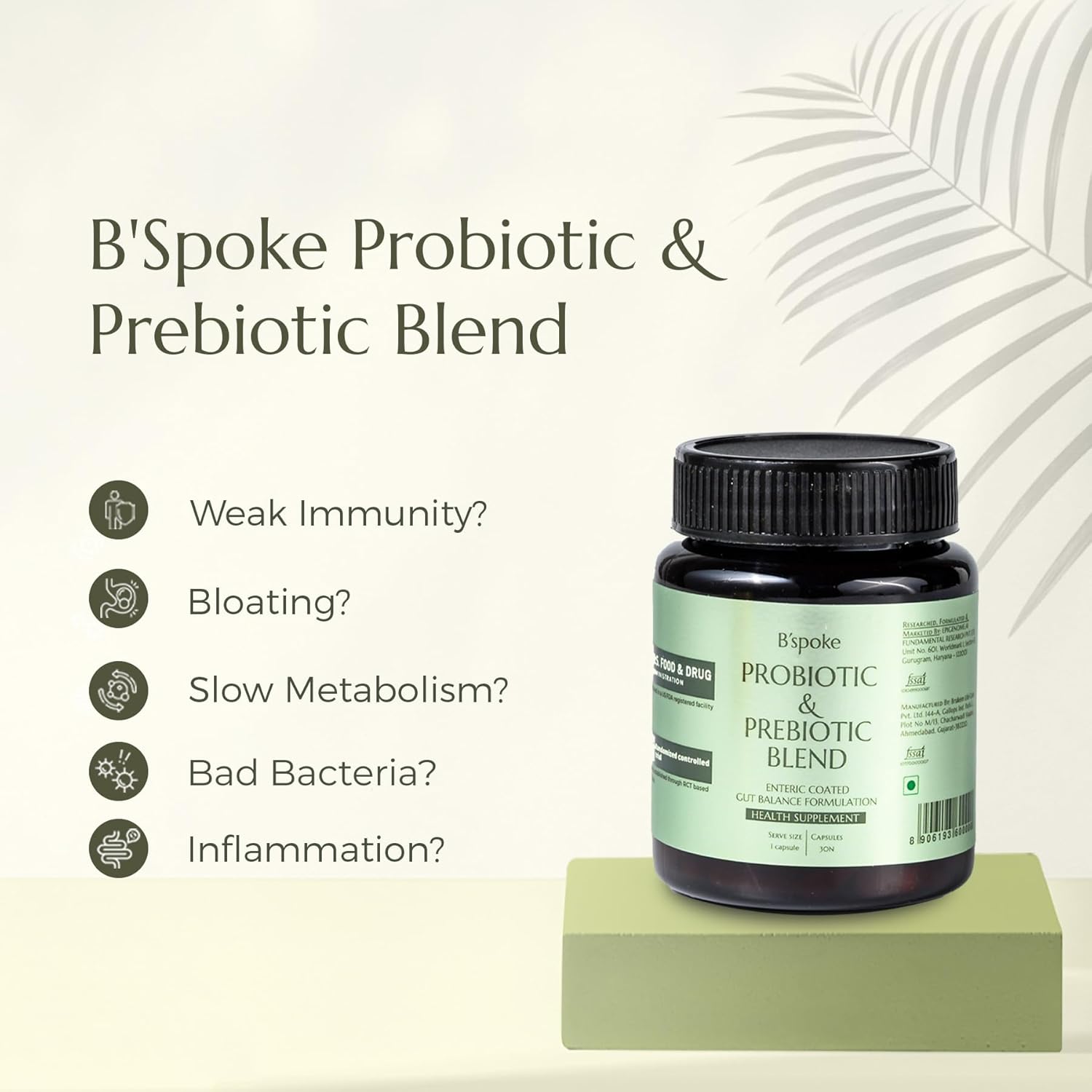 B'spoke Probiotic & Prebiotic Blend â€“ 60 Billion CFU High-Potency Probiotics for Digestive Health, Immunity & Microbiome Balance | Advanced Gut Health with 11 Multi-Strain Blend in Enteric-Coated Veg Capsules