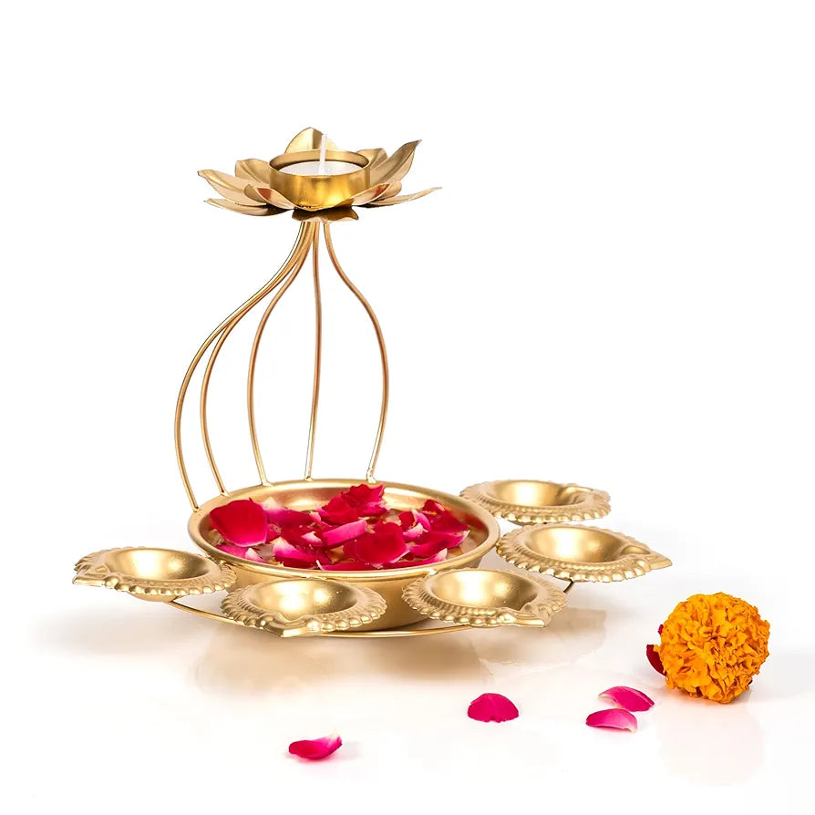 Metal Lotus Tealight Candle Holder with Base of Urli Bowl and Diya Gold