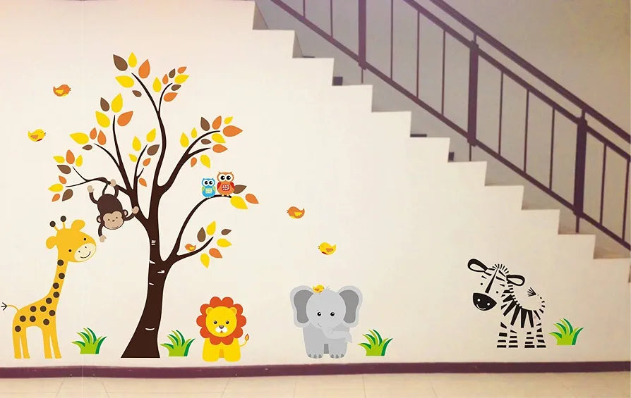 Rawpockets Pvc Vinyl Decals Baby Jungle Animals Story Extra Large Size Wall Reusable Self-adhesive Sticker Height 85 Cms X Width 110 Cms