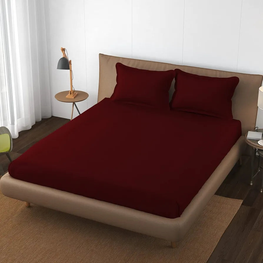 Trance Home Linen 100% Cotton 78x60 inch Queen Elastic Fitted Bedsheet 400TC Premium Queen Double Bed Size Plain with 2 Pillow Covers Colour Maroon