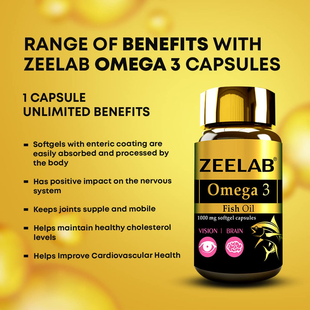 Zeelab Omega 3 Fish Oil Capsules with EPA & DHA â€“ Supports Heart, Brain, Eye, Joint Health â€“ Helps Maintain Cholesterol & Triglyceride Levels â€“ For Men & Women â€“ 1000mg Softgels