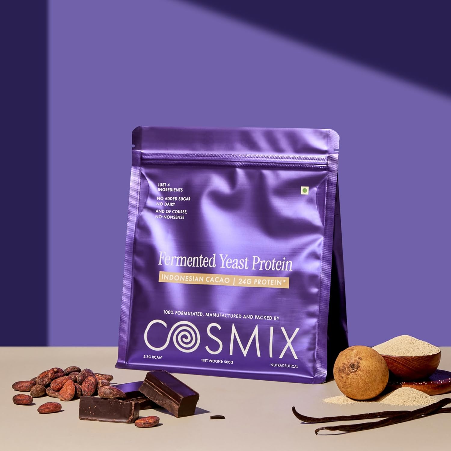Cosmix Fermented Yeast Protein Powder | 24g Protein | Pure Single-Source Plant Protein | Made In-House | Smooth, Crazy tasty & Gut-Friendly | Indonesian Cacao, 500g Pouch