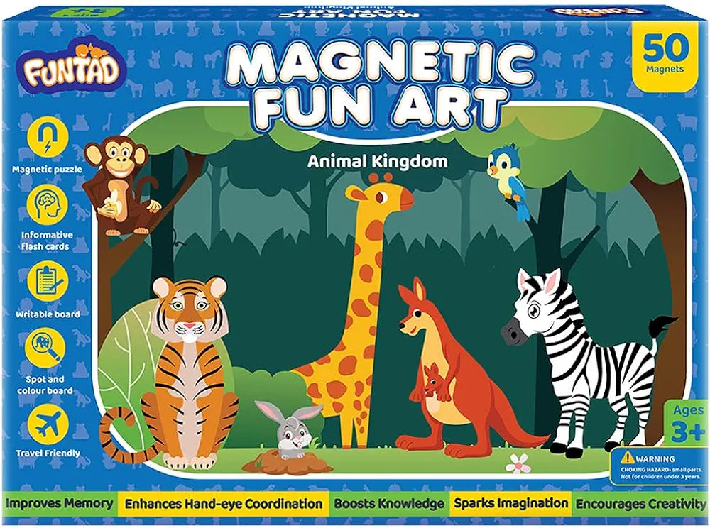 Funtad Magnetic Fun Art Puzzle Animals 4-in-1 Travel Friendly Educational Toy with Writable Board 50 Magnetic Pieces Birthday Gift for Boys & Girls Age 3,4,5 & 6 yrs
