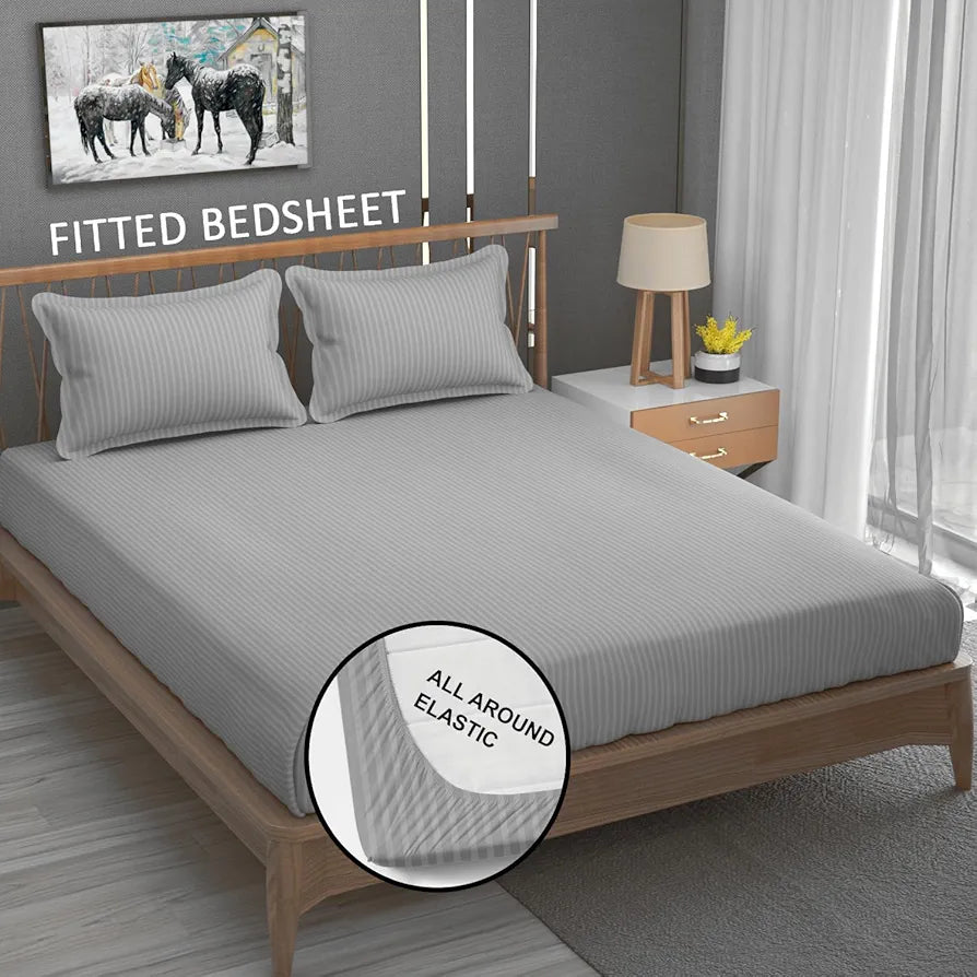 Homefab India 160 TC Stripe Cotton Feel Glace Cotton Elastic Fitted King Size Double Bed Bedsheet with 2 Pillow Covers Fits Upto 6 inches Mattress Silver