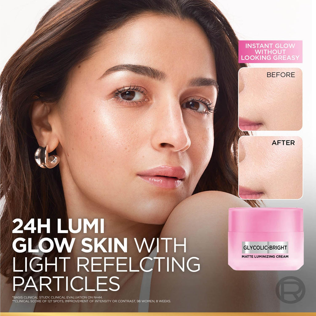 L'Oréal Paris Glycolic Bright Matte Luminizing Cream, 50ml | Instant glow booster | Fades dark spots | Highlighter in moisturzier | Strobe Cream