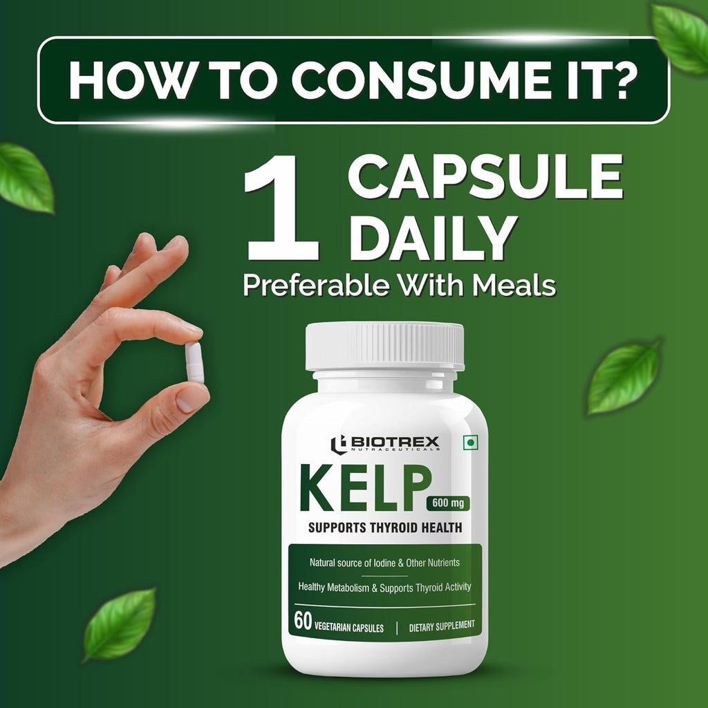 Biotrex Nutraceuticals Kelp Extract 600mg | Richest Vegan Source of Iodine | Supports Thyroid Health & Healthy Metabolism with Soluble Fiber - 60 Veg Capsules