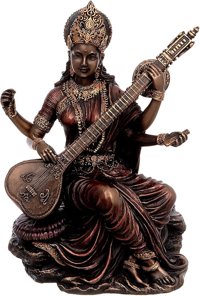Dattatreya Polyresin Bonded Bronze Maa Saraswati Idol Statue Murti for Puja - 6 Inch