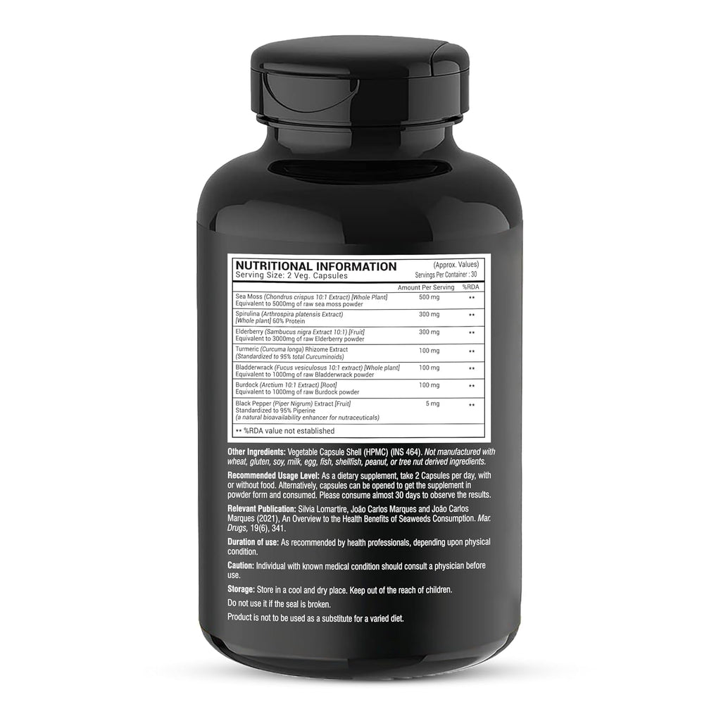 GREENDORSE Irish Sea Moss Vitality Capsules 7 In1 Formula-Gut Cleanse,Immunity,Joint & Thyroid Support-With Spirulina,Turmeric,Bladderwrack,Burdock|Superfood High In 90+ Minerals-60 Veg Capsules