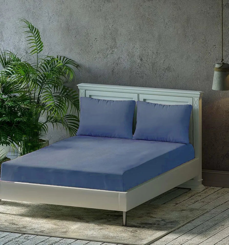 Trance Home Linen Premium 300 TC Pure 100% Cotton Queen Fitted Bedsheet with 2 Pillow Covers Colour Mediterranean Blue