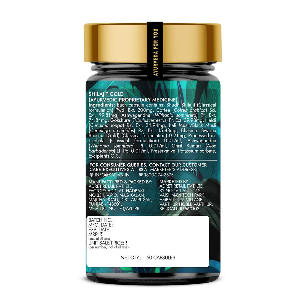 Kapiva Shilajit/Shilajeet Gold 60 Capsules | Contains 24 Carat Gold | For Stamina, Muscle Growth & Energy | Ashwagandha, Gokshura, Safed Musali & Other Action Herbs & 100% Ayurvedic