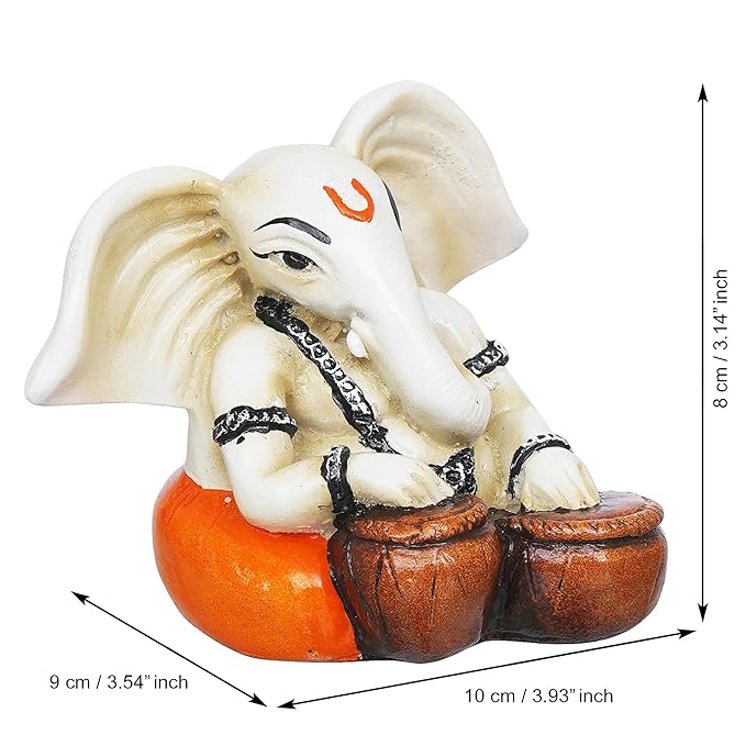 Ecraftindia White & Orange Polyresin Handcrafted Lord Ganesha Idol Playing Tabla Musical Instrument