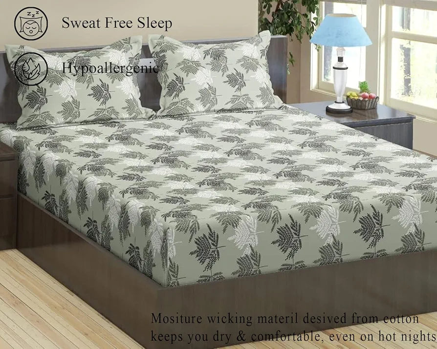 Trance Home Linen Pure 100% Cotton 144TC Printed Single Fitted Bedsheet with 1 Pillow Cover Colour Fern Paradise Green