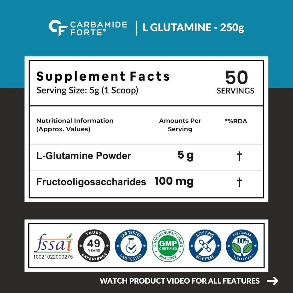 Carbamide Forte L Glutamine Supplement for Men | L Glutamine Powder 5000mg | L Glutamine Supplement | Muscle Recovery Preworkout Supplements For Men - Unflavoured - 250 grams