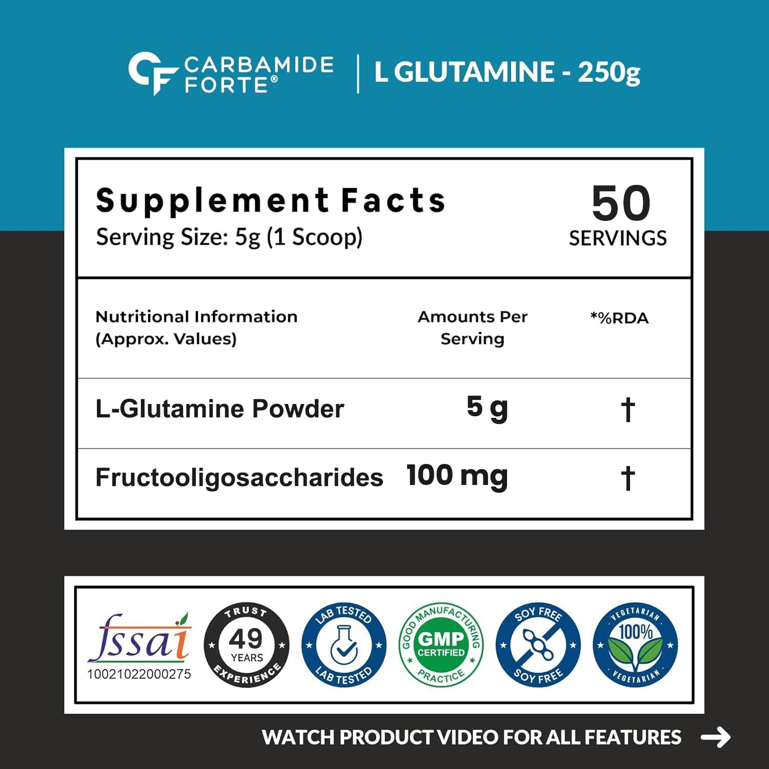 Carbamide Forte L Glutamine Supplement for Men | L Glutamine Powder 5000mg | L Glutamine Supplement | Muscle Recovery Preworkout Supplements For Men - Unflavoured - 250 grams