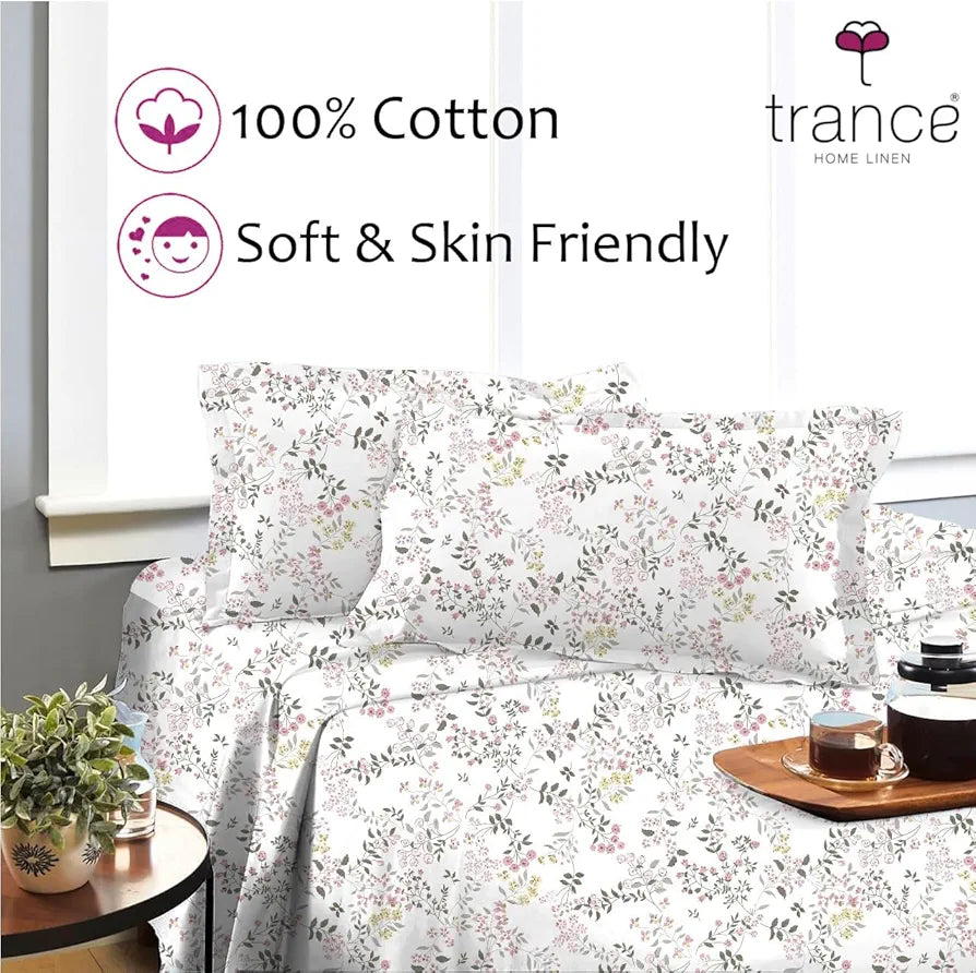 Trance Home Linen Skin Friendly 100% Cotton Printed Fitted Bedsheet for Queen Size Bed with 2 Pillow Cover Premium 180TC Colour Daisy Shower