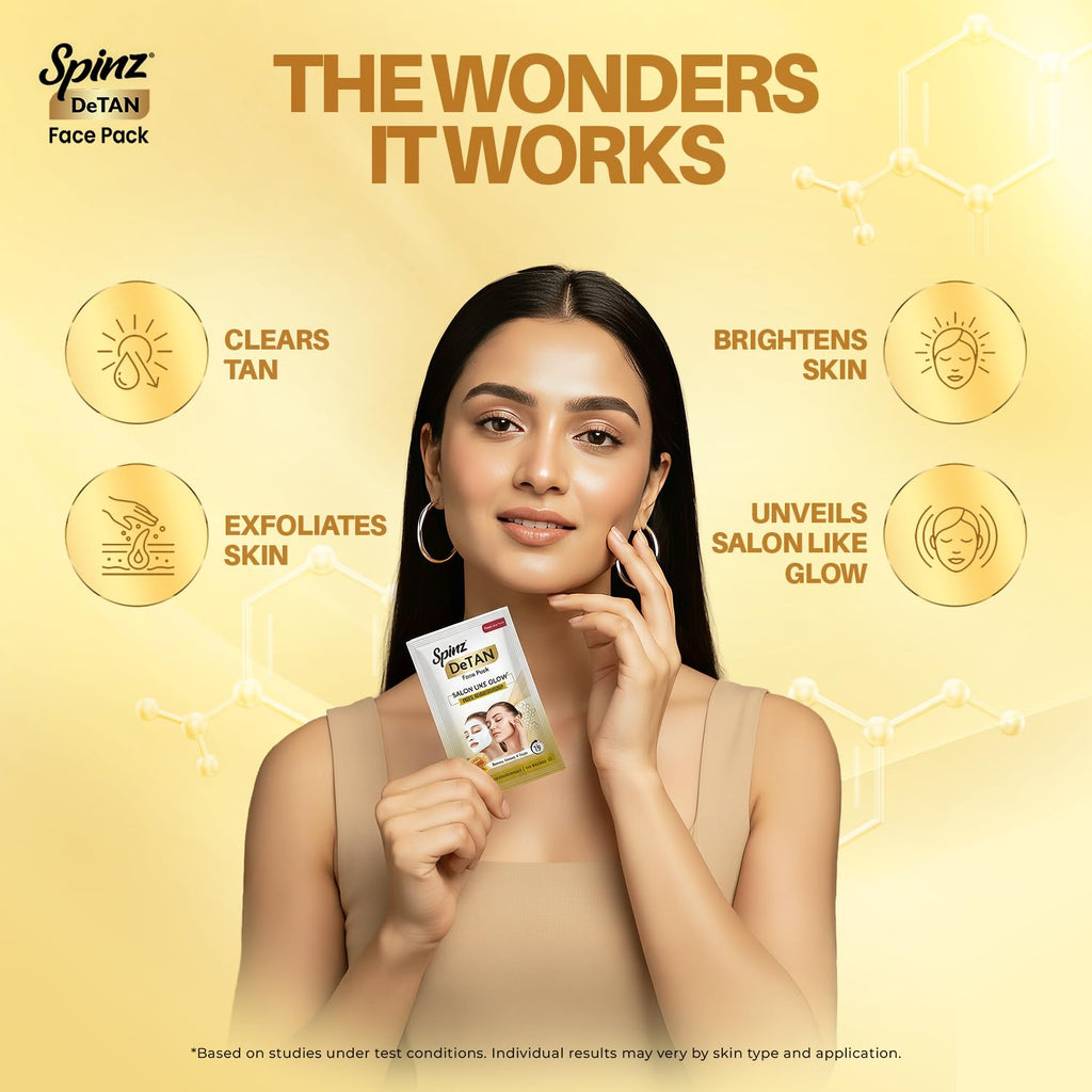 Spinz DeTan Face Pack with Besan, Honey & Kojic Acid | Tan Removal cream for Brightening & Glow | Salon-like Glow in 15 mins | 72g, Pack of 6 (12g x 6)