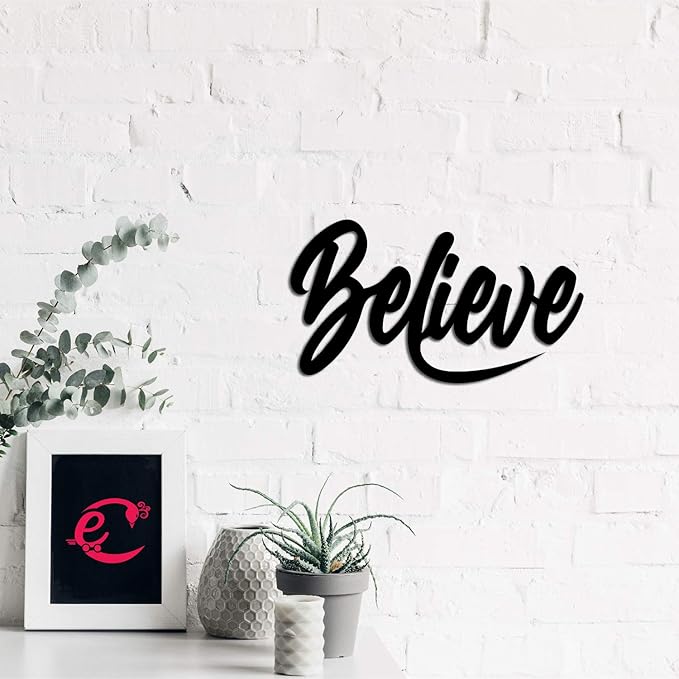Ecraftindia Believe Black Engineered Wood Cutout Wall Art Decor | Wall Decoration Items | Wooden Wall Decor Item