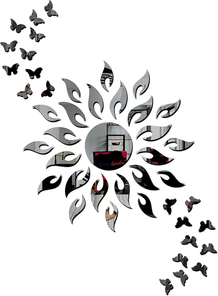 Bikri Kendra Sun with 20 Butterfly 3D Acrylic Glass Wall Mount Mirror Wall Stickers Pack of 1