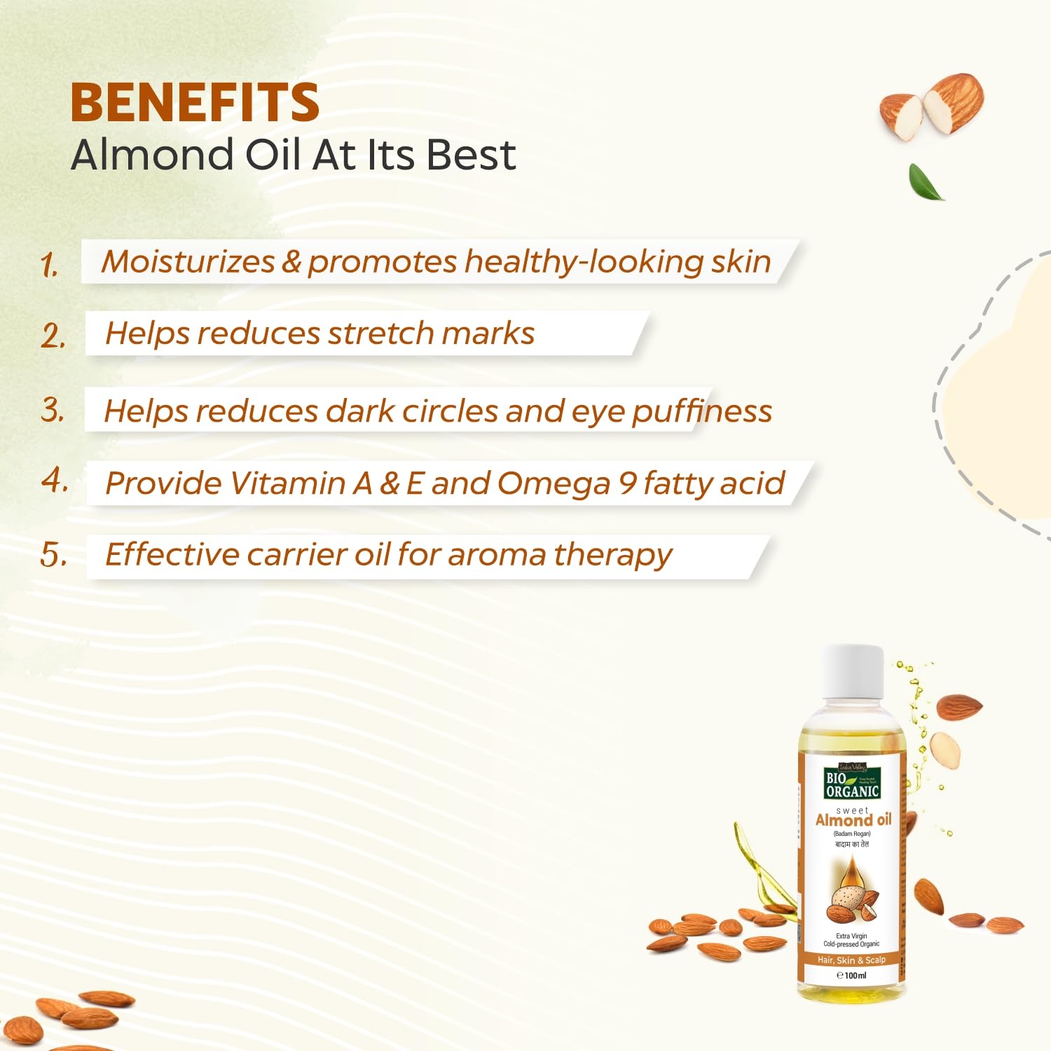 INDUS VALLEY Bio Organic Cold Pressed Almond Oil for Soft & Shiny Hair, Glowing Skin, Hair Damage Protection, Pure Roghan Badam Oil (Tail) for Baby Massage - 100ml