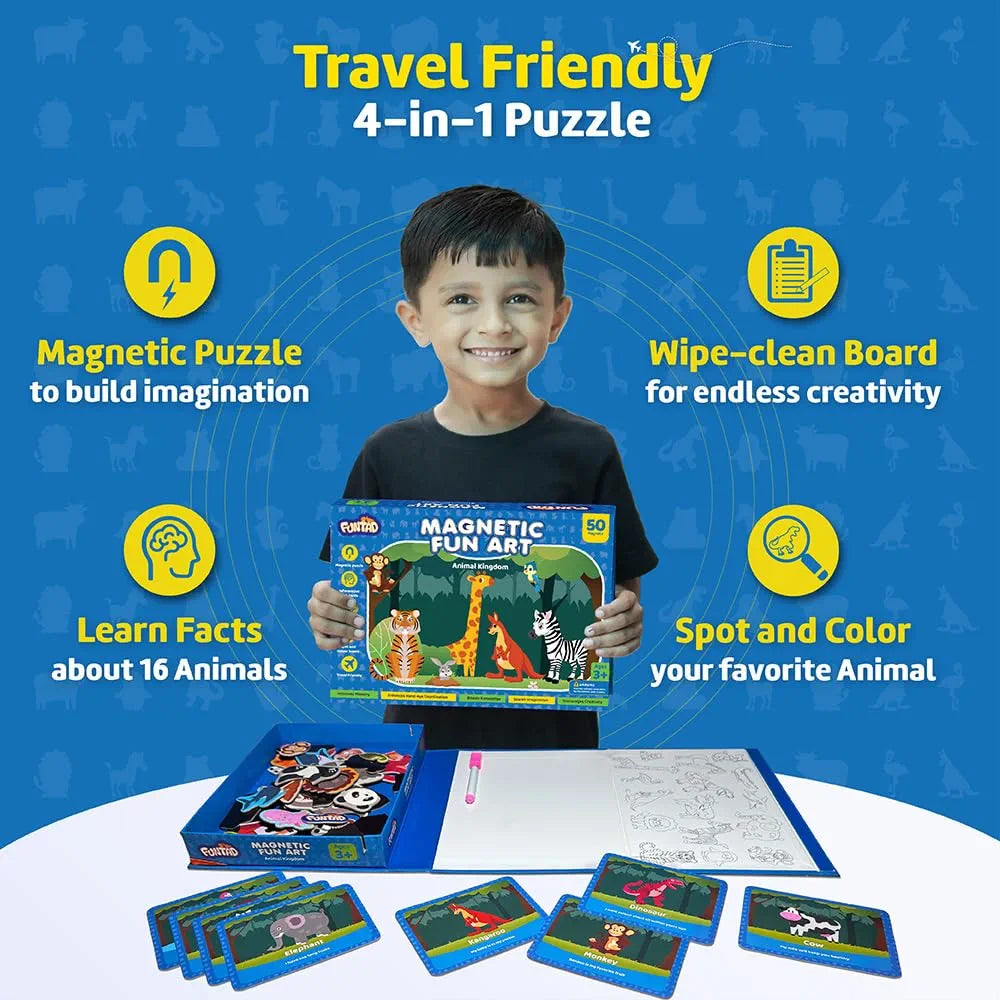 Funtad Magnetic Fun Art Puzzle Animals 4-in-1 Travel Friendly Educational Toy with Writable Board 50 Magnetic Pieces Birthday Gift for Boys & Girls Age 3,4,5 & 6 yrs
