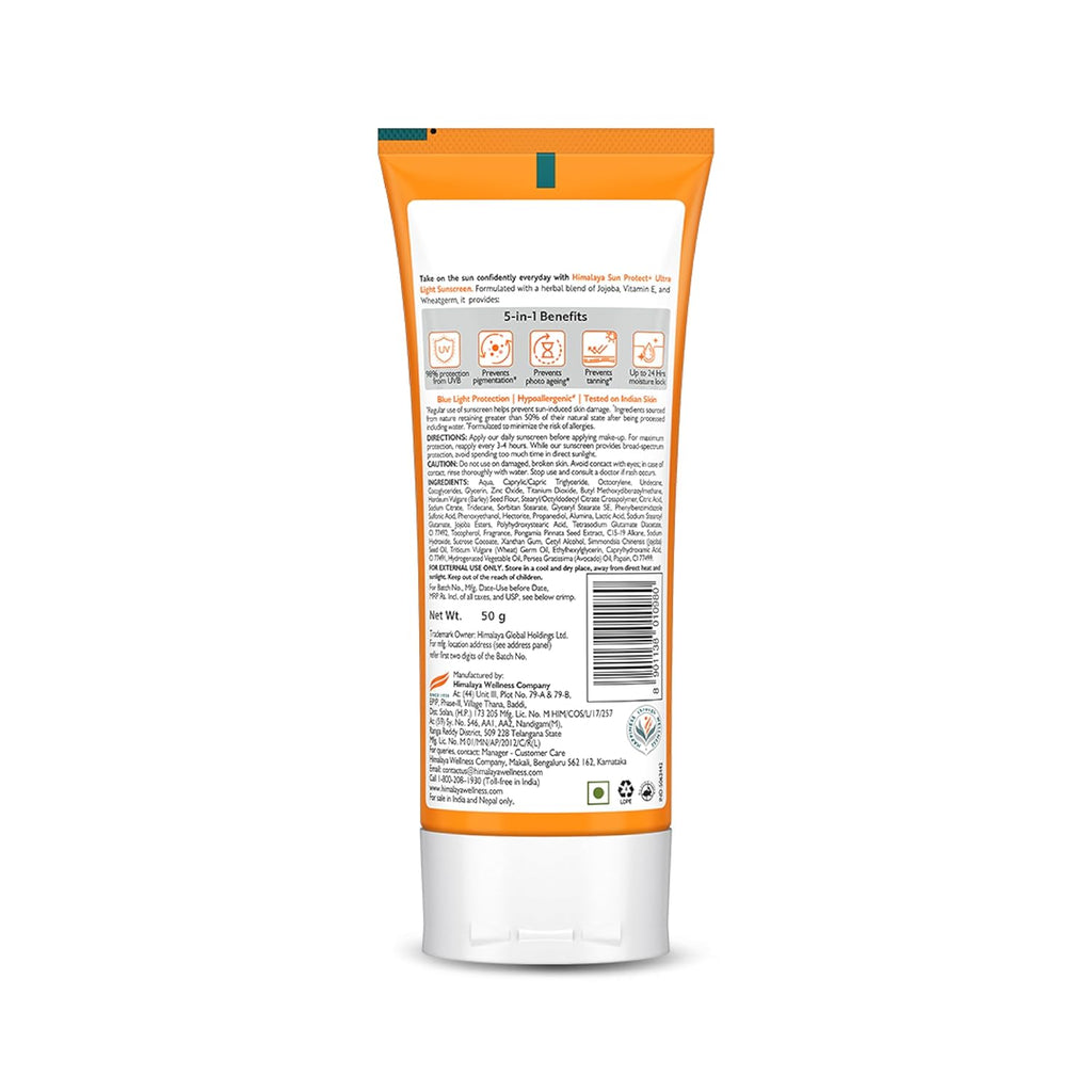 Himalaya Sun Protect+ Ultra Light Sunscreen | Light tint Cream| 90% Natural Origin Ingredients | In vivo tested SPF 50 PA++++ | Dermatologically tested for all skin types | No white cast | Make up friendly | Sweat Resistant | 50g