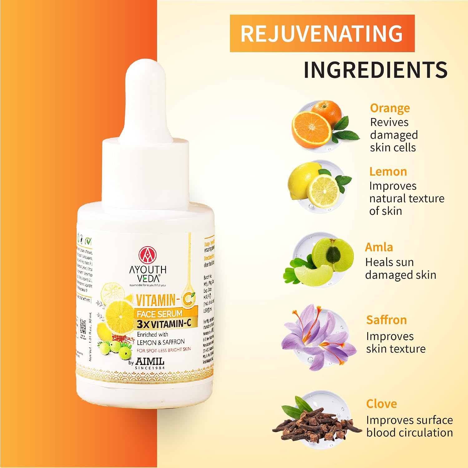 Ayouthveda Vitamin-C Face Serum With 3X Vitamin-C | Reduce Discoloration and Enhance Radiance | Enriched with Lemon, Saffron, Orange & Gooseberry | For Spot-less Bright Skin - 30 ml