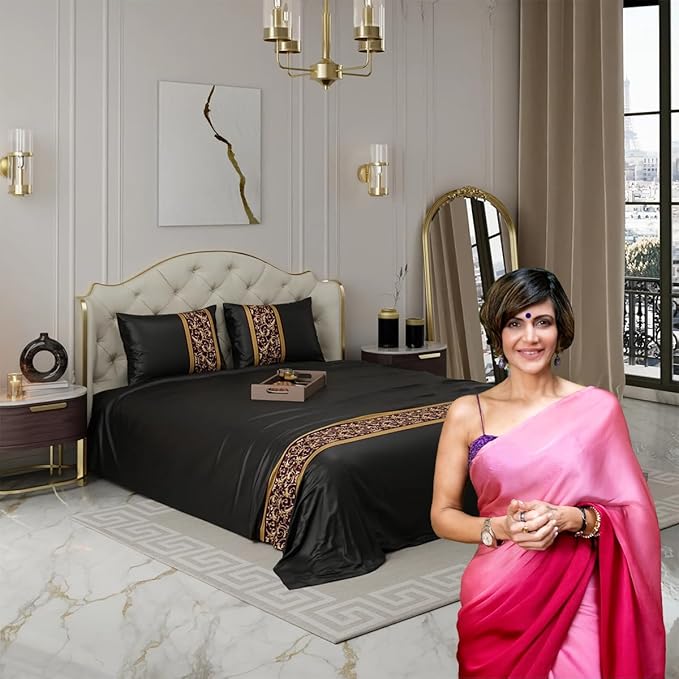 Stoa Paris Solid Bedsheets For Double Size Bed 300 Threadcount Satin Bedsheet Set Colour Black-Gold