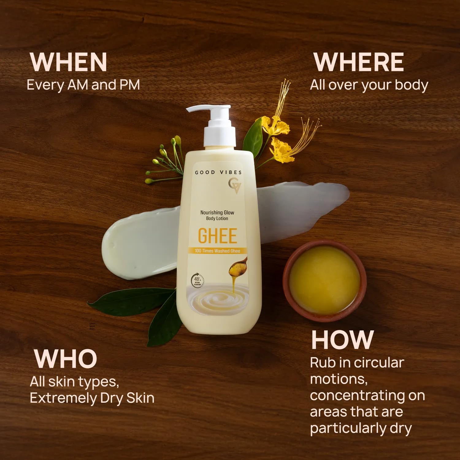 Good Vibes Nourishing Glow Ghee Body Lotion with Shata Dhauta Ghrita (100 Times Washed Ghee) | 48-Hour Hydration in a Single Use | Skin Barrier Repair | Lightweight, Non-Greasy Formula | Suitable for All Skin Types (400 ml)