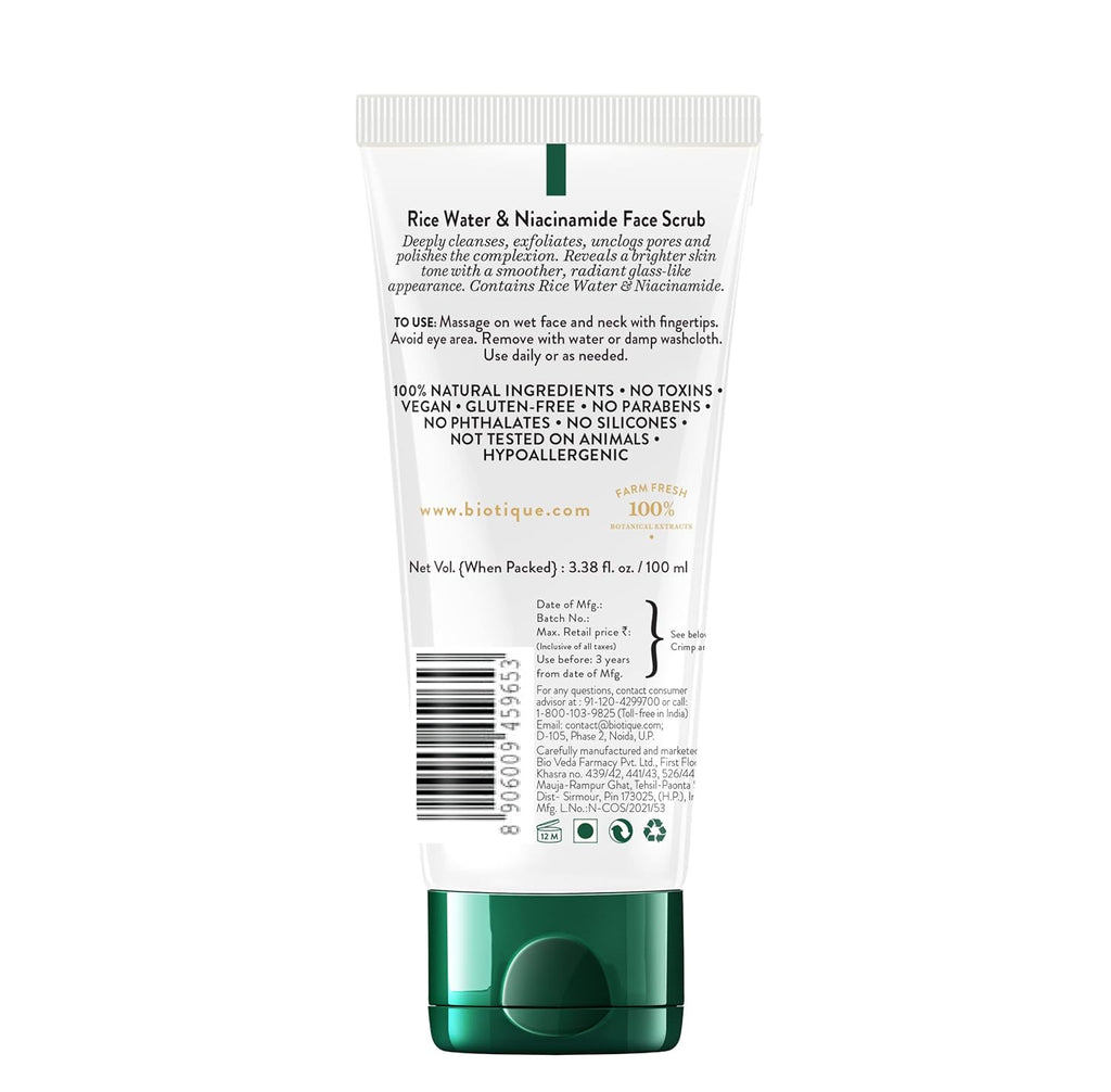 Biotique Rice Water & Niacinamide Deep Cleanse Gel Face Scrub for Smoother, Radiant and Brighter Skin|Glass Skin |Unclogs Pores|For Men & Women- 100ml