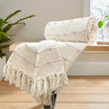 Sajavat Home Hand Knitted Pure Cotton 3 Seater Sofa Throw Beige & Pink