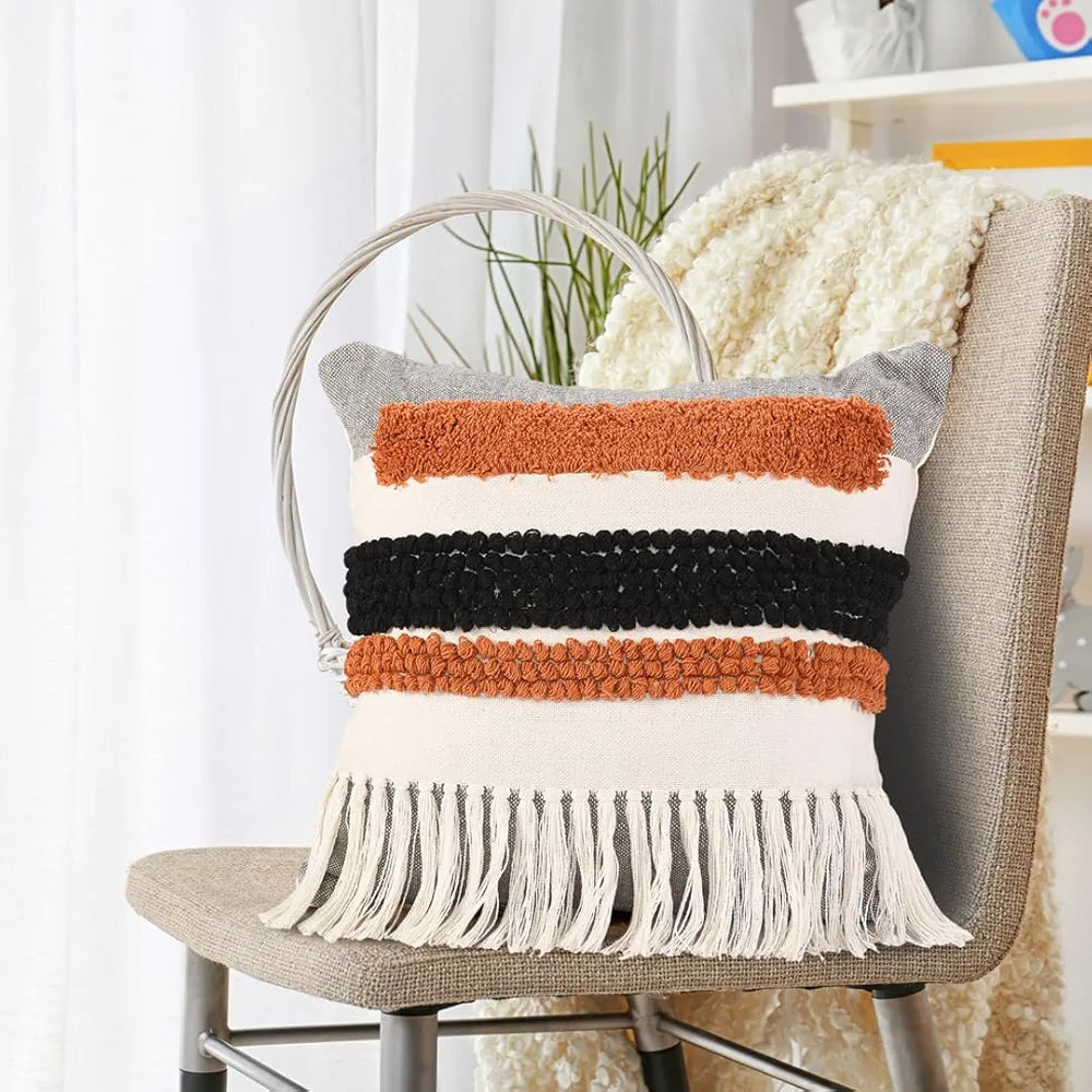Sashaa World Multi Coloured Taseled And Tufted Cotton Cushion Cover Colour Multi