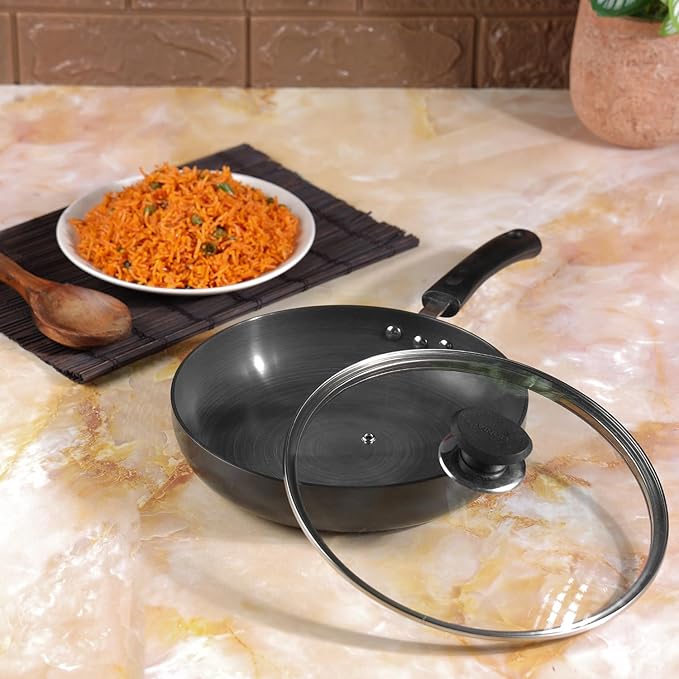 Vinod Black Pearl Hard Anodised Deep Frypan with Glass Lid - 1.8 Litres |  22cm | 3.25mm Thick | Skillet Pan
