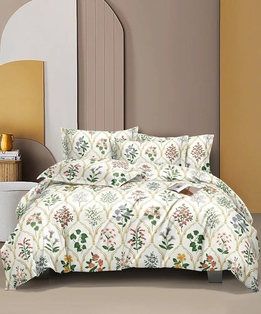 The Home Style Cotton Feel Glace Cotton Elastic Fitted All Around Printed Queen Size Double Bed Bedsheet wih 2 Pillow Cover Floral Paradise