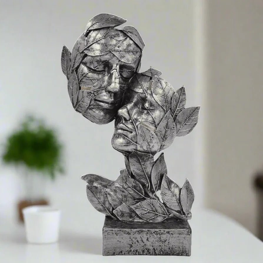 Alila Silver Leaf Couple Faces Statue Showpiece Idol for Gifting & Home Table Decoration Vastu Lucky 12.5 Inches Height