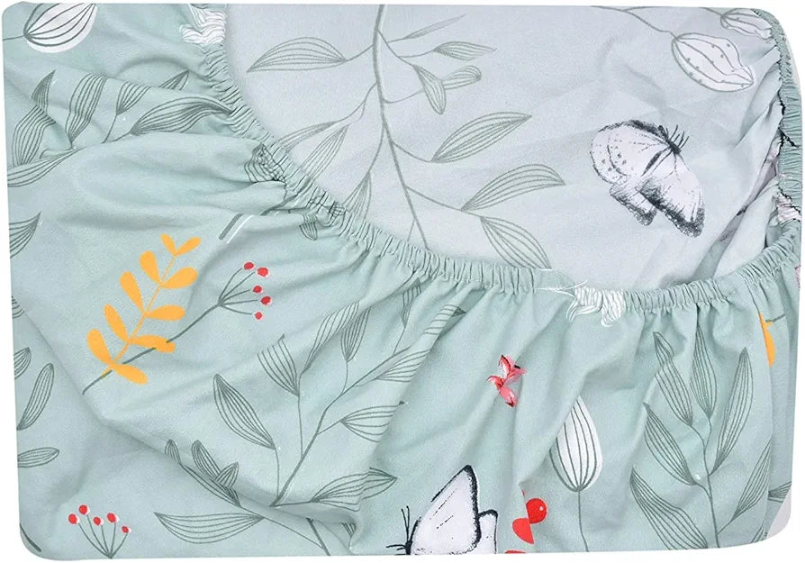 The Home Style Cotton Feel Glace Cotton Elastic Fitted Printed Double Bed King Size Bedsheet With 2 Pillow Cover,300 TC,Green Pastel Hydrangea Bloom
