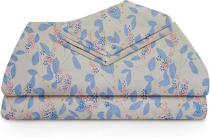 Homekart Premium Cotton Elastic Fitted Bedsheets with 2 King Size Pillow Covers Double Bed with Flower Print Off White and Blue 200 tc - 220 tc