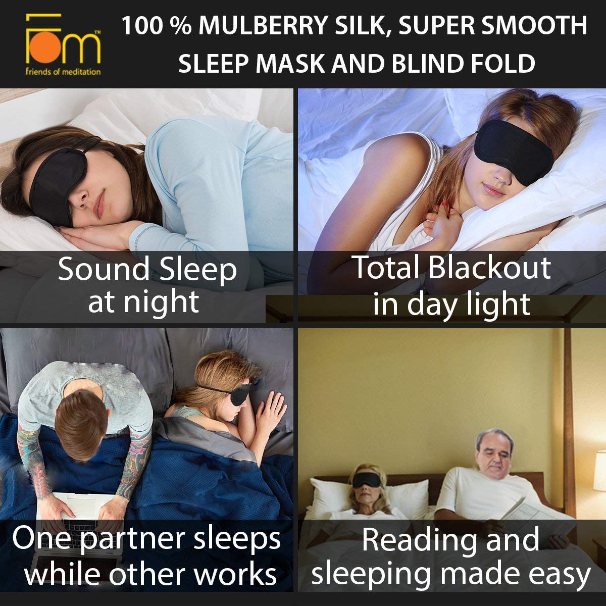 Friends of Meditation Â® 100% Mulberry Silk, Super Smooth Sleep Mask And Blind Fold (Navy Blue)