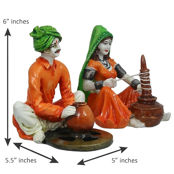 Ecraftindia Rajasthani Craftman and Lady Polyresin Statue | Orange, Green and Brown