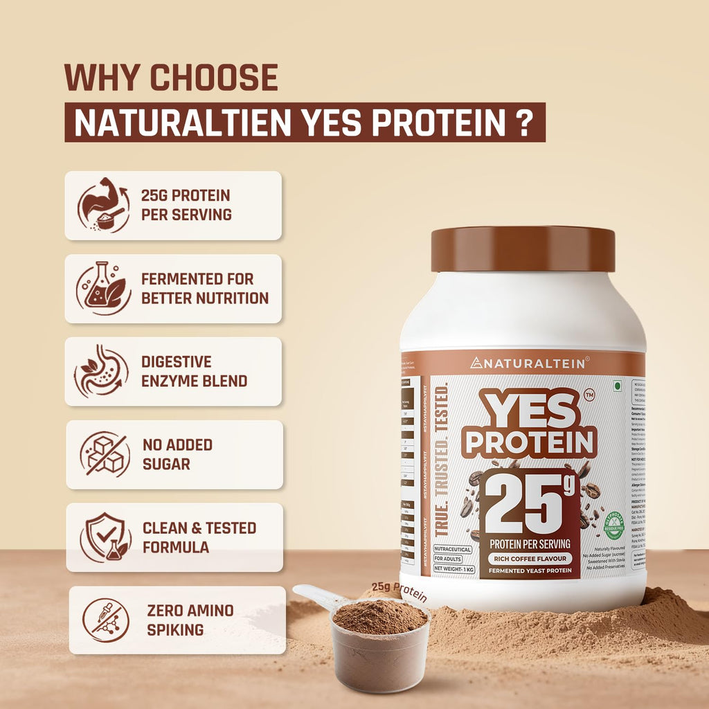 Naturaltein YES Protein 1kg | Fermented Yeast Vegan Protein Powder | Rich Coffee Flavour | 25 g Protein | No Added Sugar | Naturally Sweetened | Digestive Enzymes | Heavy Metal Tested | 28 Servings