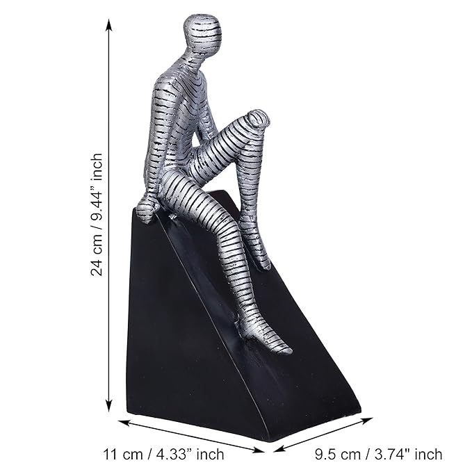Ecraftindia Silver Man Statue Sitting on Triangle Black Base Human Figurine Decorative Showpiece