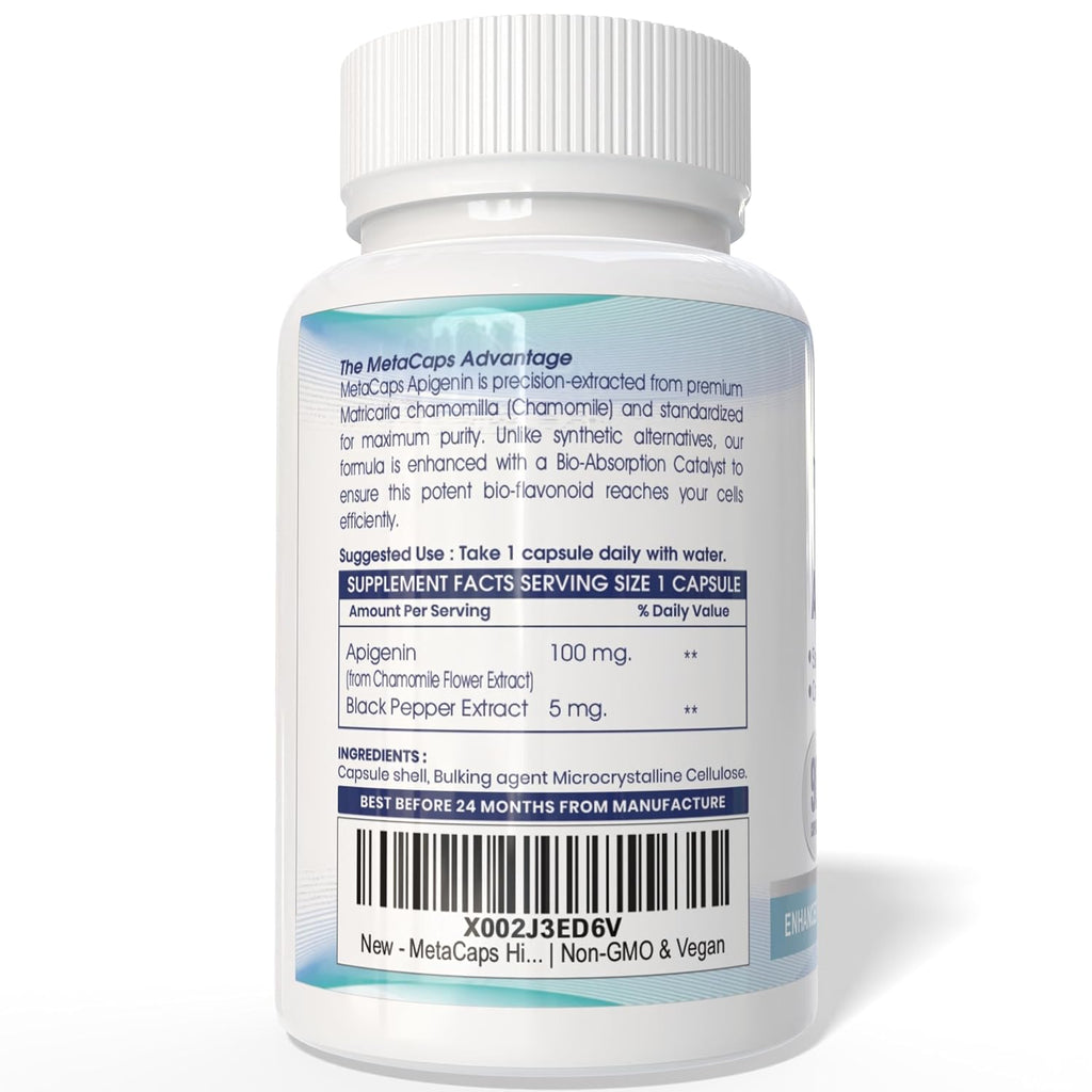 MetaCaps High-Purity Apigenin – 90 Veg Capsules | Standardized Chamomile Extract | Bio-Enhanced with Black Pepper for Maximum Absorption | Natural Sleep Support & Nighttime Recovery | Supports NAD+ Levels & Cellular Aging | Non-GMO & Vegan