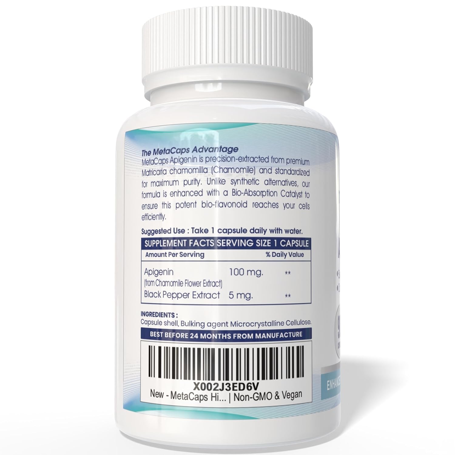 MetaCaps High-Purity Apigenin – 90 Veg Capsules | Standardized Chamomile Extract | Bio-Enhanced with Black Pepper for Maximum Absorption | Natural Sleep Support & Nighttime Recovery | Supports NAD+ Levels & Cellular Aging | Non-GMO & Vegan