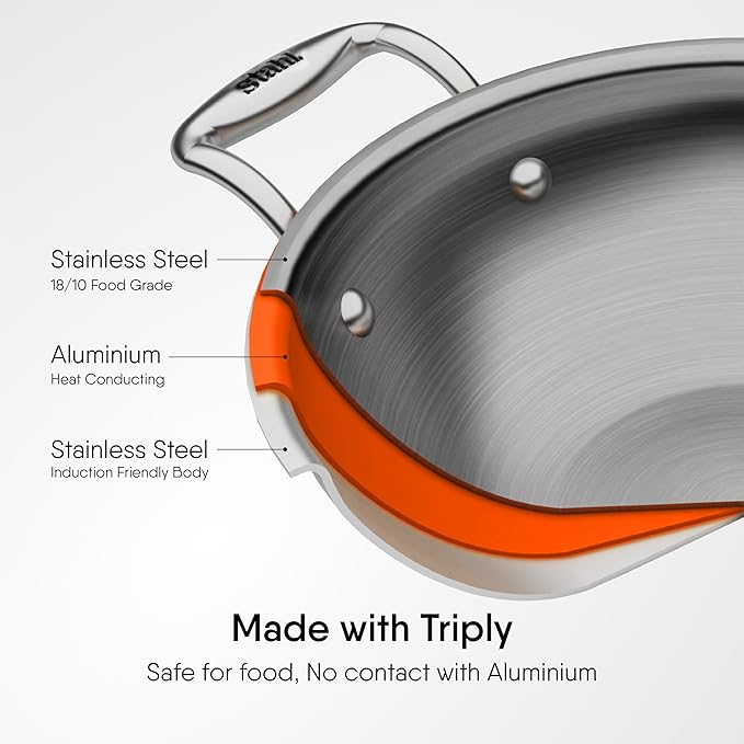 Stahl Artisan Triply Stainless Steel Kadhai With Lid, Kadai for Cooking | Induction & Gas Stove Compatible | 0.8 L | 16 Cm