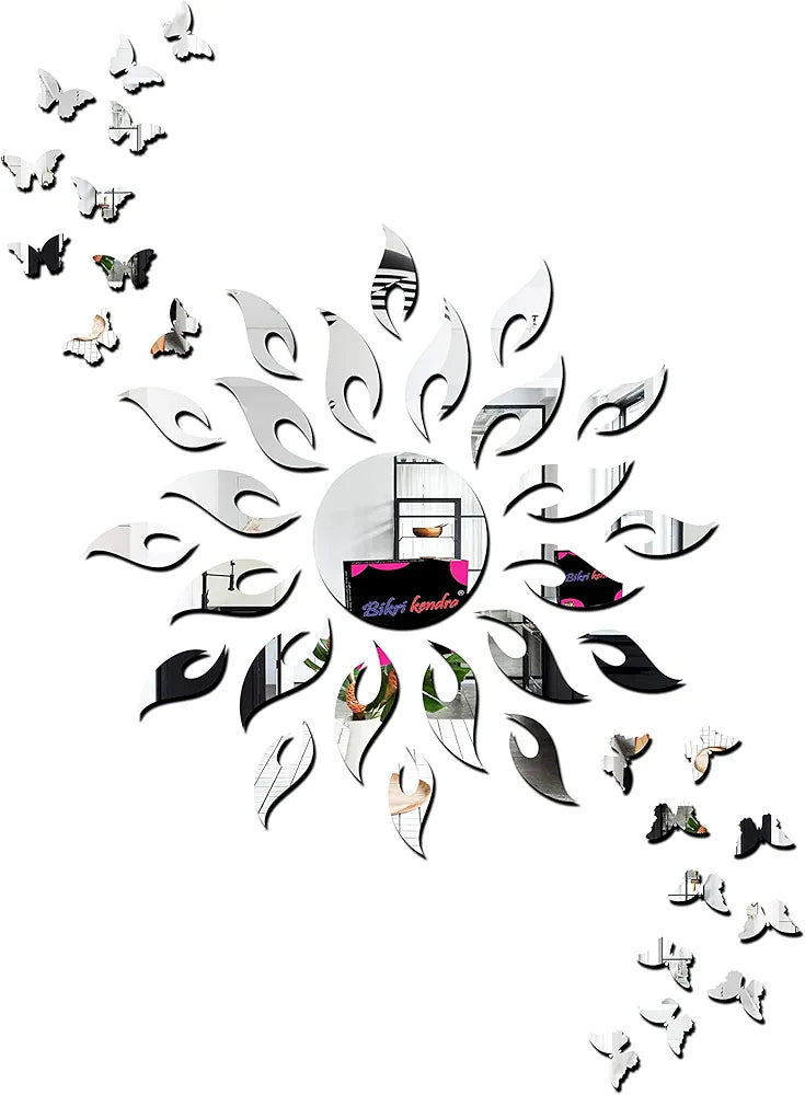 Bikri Kendra Art BK68 Sun Silver with Butterfly Silver 20-3D Acrylic Mirror Stickers for Wall