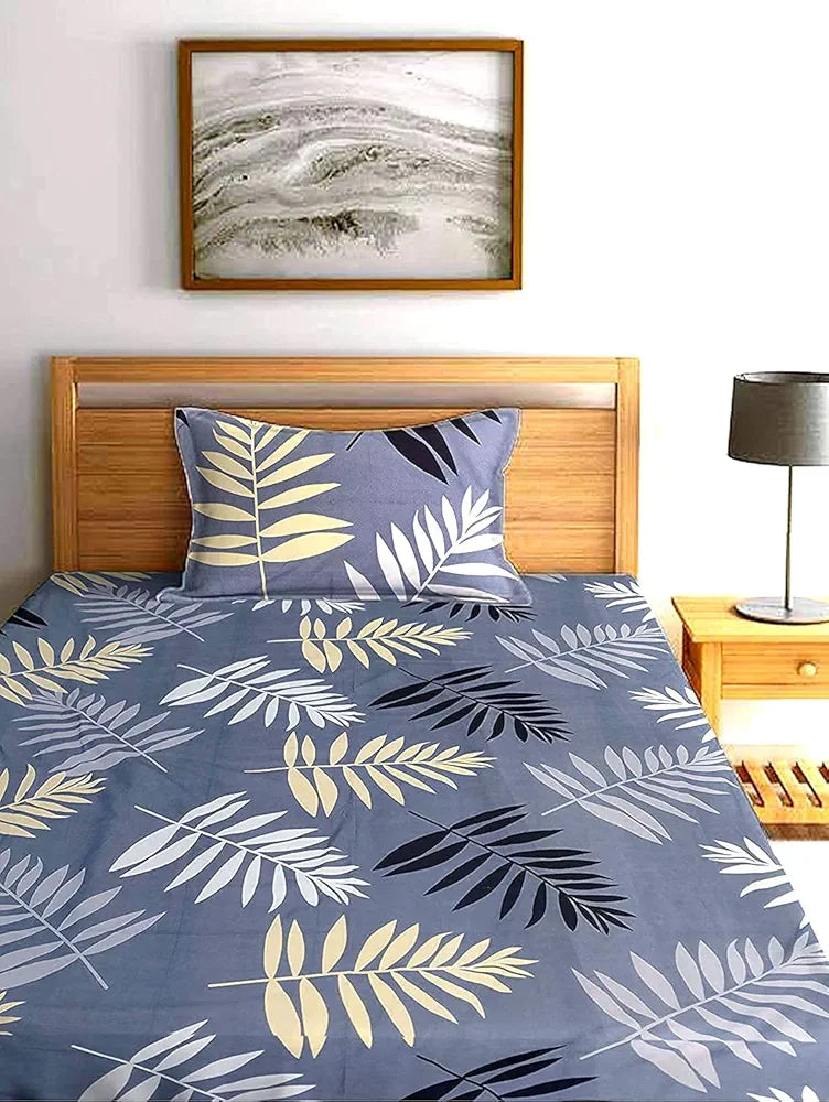 The Home Style Cotton Feel Glace Cotton Elastic Single Bed Bedsheet with 1 Pillow Cover Midnight Leaf