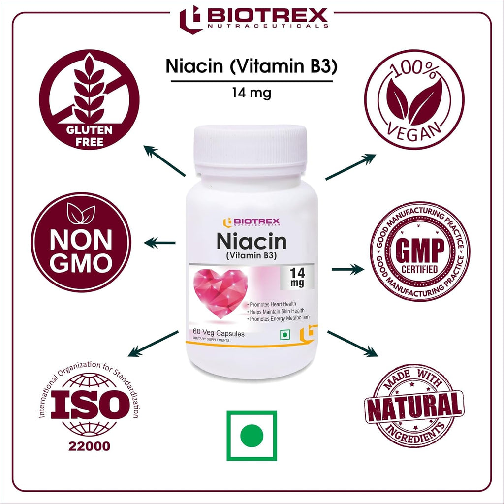 Biotrex Nutraceuticals Niacin 14mg Vitamin B3 With Inositol 50mg Supplement - 60 Veg Capsules